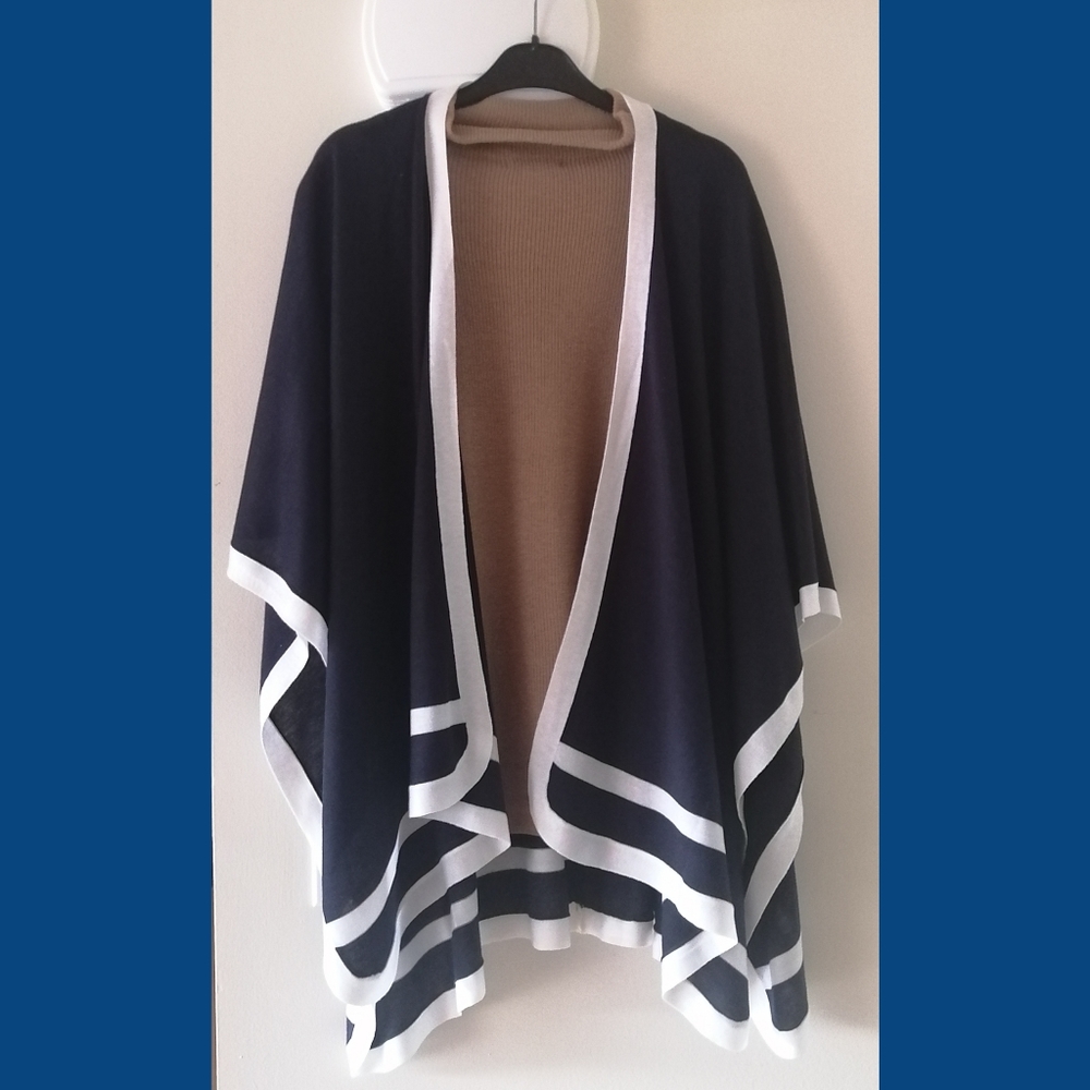 NWOT Fashion Poncho Navy Blue with White Trim by Melanie Lyne
